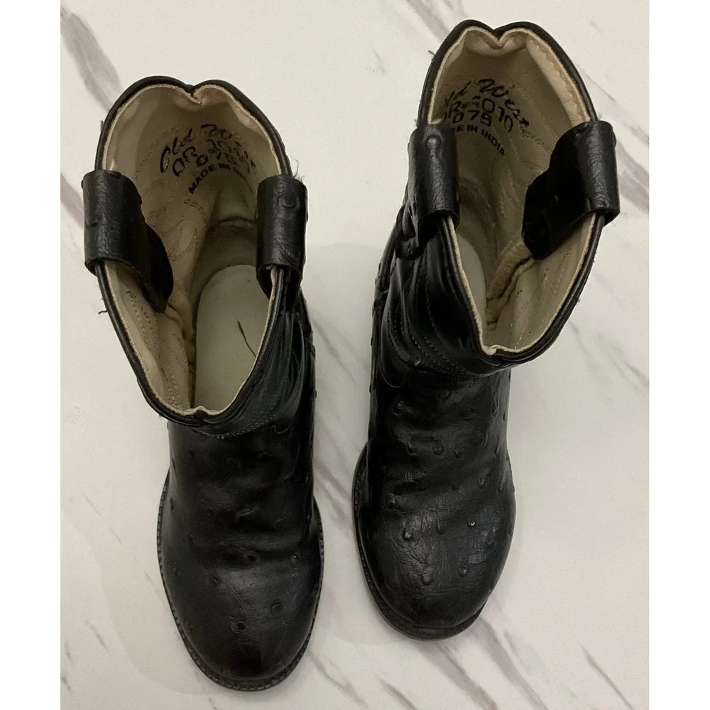 Old West Kids Black Faux Ostrich‎ Western Cowboy Boots Round Toe Size 7.5 2010